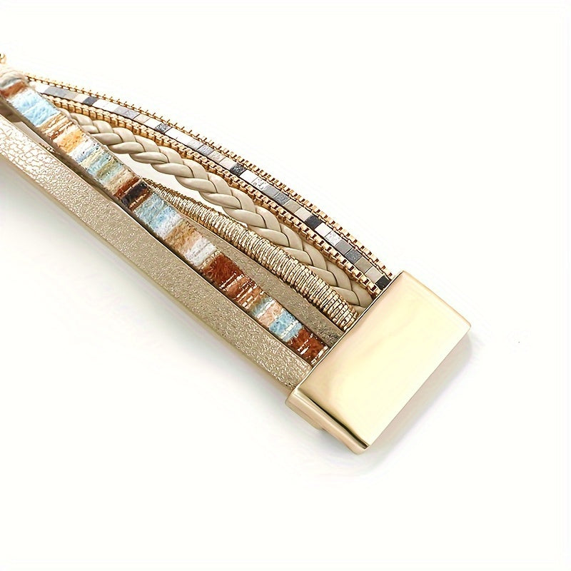 Vintage Bohemian Crystal Beaded Bracelet with Faux Leather Wrap and Magnetic Clasp