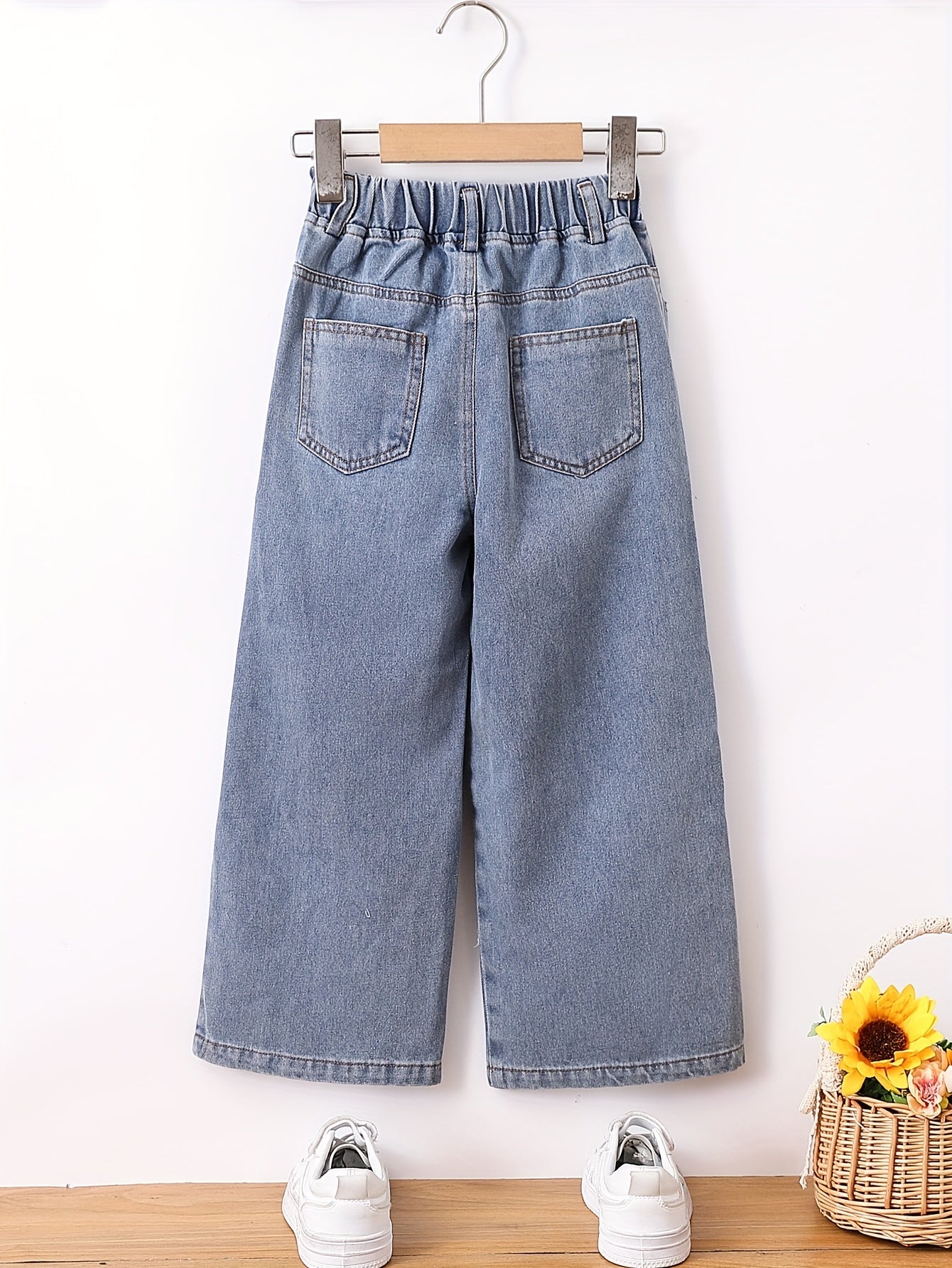 Girls' Floral Wide Leg Denim Jeans with Elastic Waist for Girls Over 3 Years Old