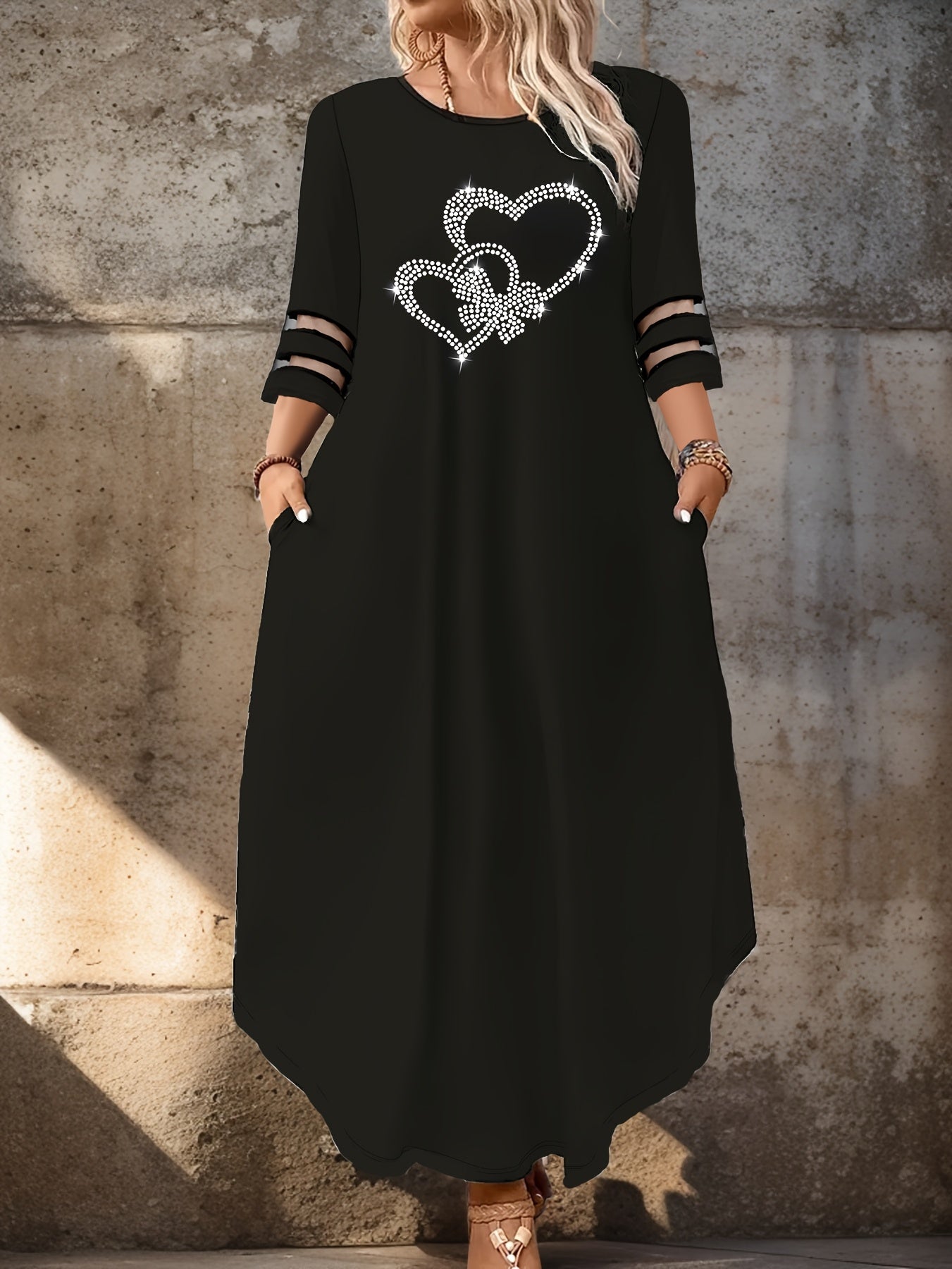 Plus Size Dress with Heart Pattern Mesh Panels Fitted Polyester All Seasons