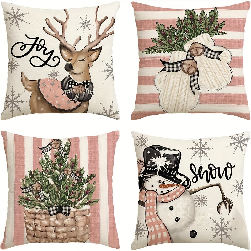 Set of Four Christmas Pillowcases Polyester Fabric 45x45cm Home Decor