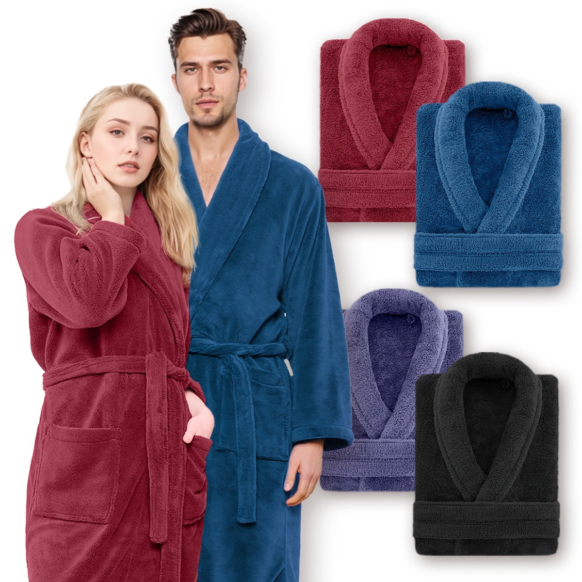 Unisex Fleece Bathrobe with Shawl Collar Soft Machine Washable