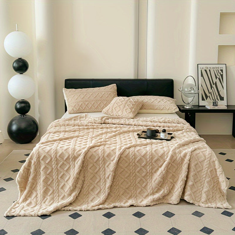 Double-Sided Velvet Office Blanket Rhombus Grid Tartan and Solid Color Square Pattern