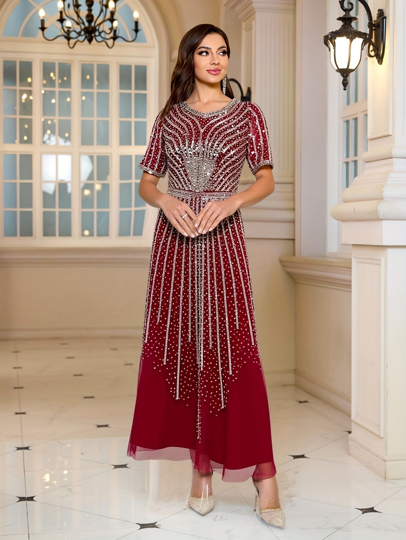Women's Beaded Striped Long Dress Evening Gown for Weddings and Formal Events