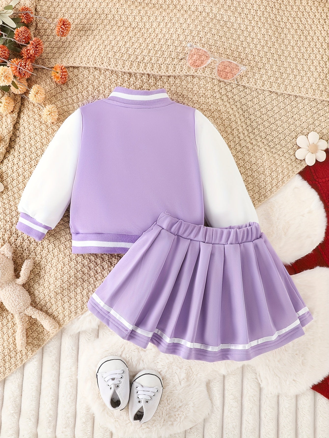 Girls Baby Girl 2-Piece Baseball Jacket and Pleated Skirt Set Fall Winter Cotton Blend