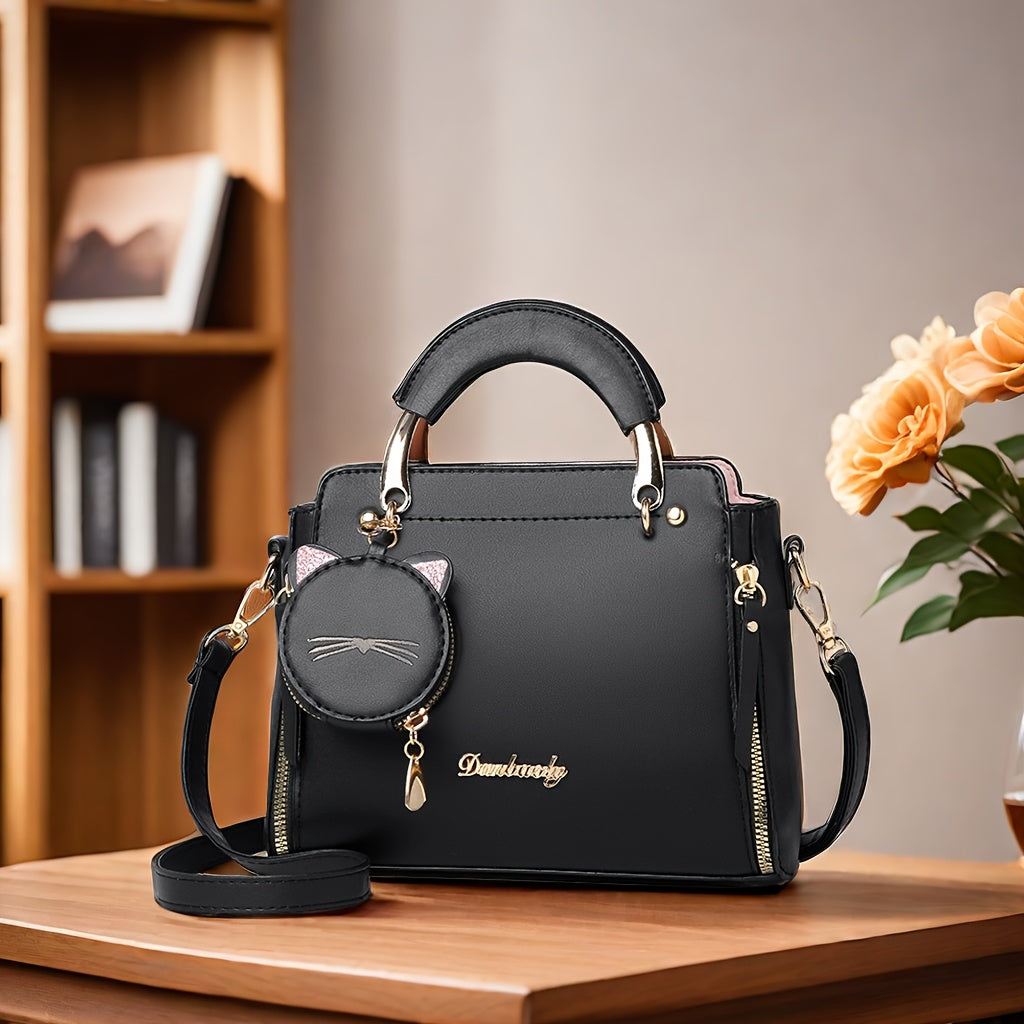 Kechki va shahar uchun sozlanadigan kamar va mushuk charm bilan qora tote sumka