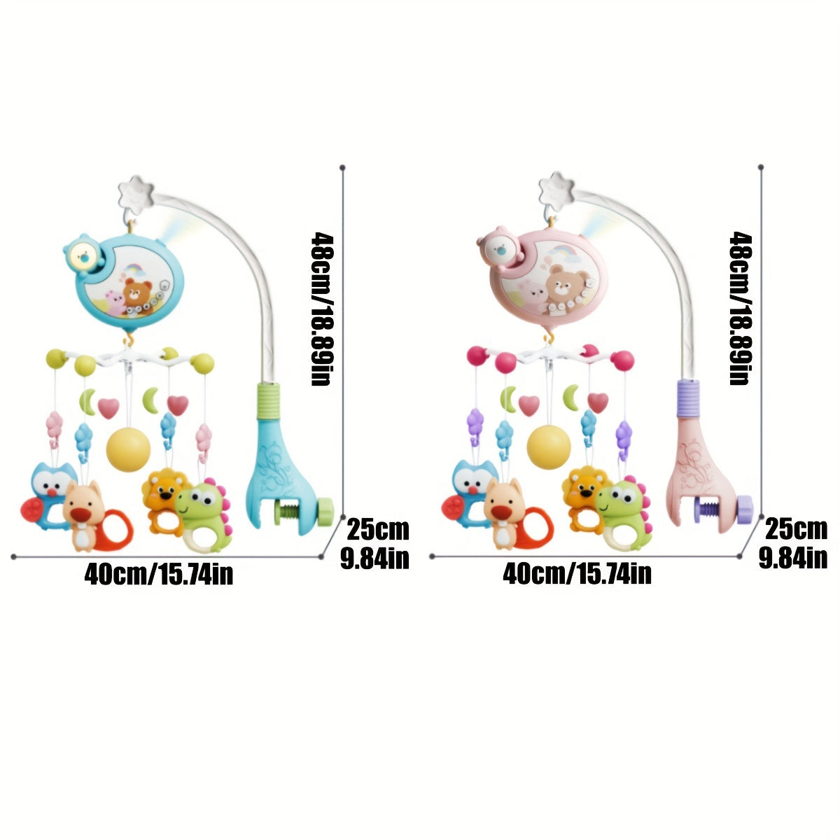 Bolalar uchun yoritgichli mobil, musiqa va aylanuvchi o'yinchoqlar bilan, BPAsiz plastmassa, aralash ranglar