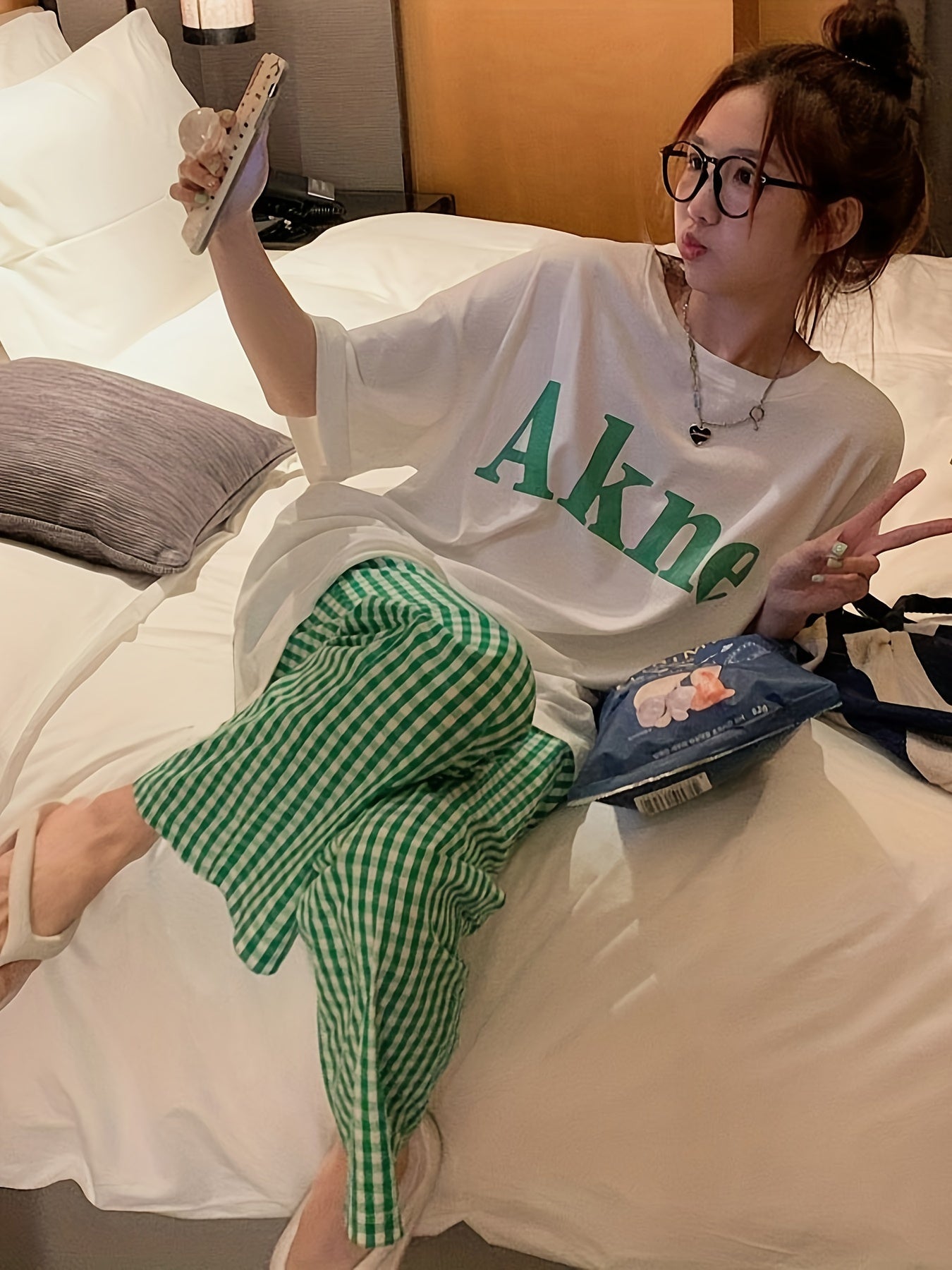 Teen Girl Plaid Letter Print Loungewear Set with Short Sleeve Crew Neck Top and Long Pants