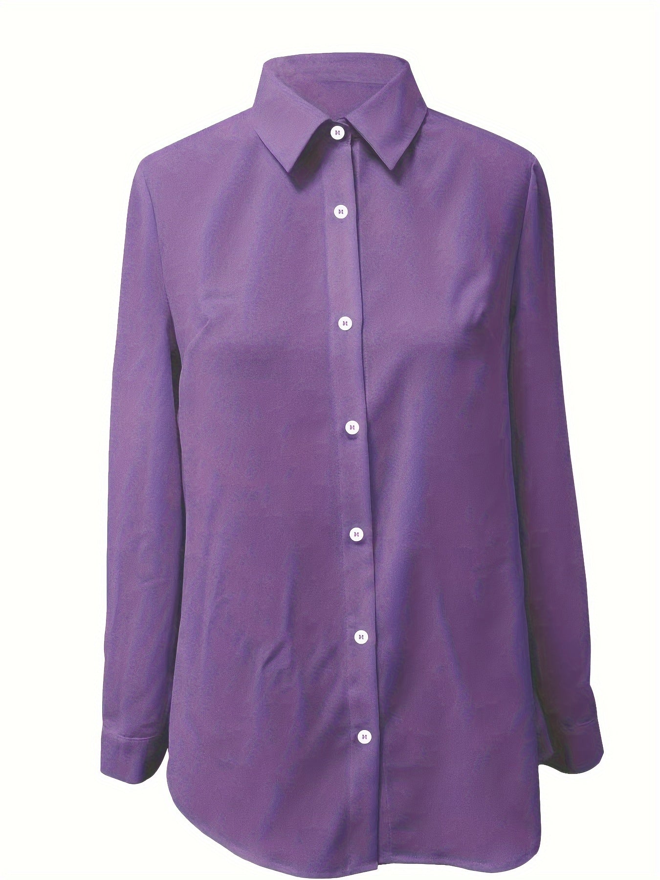Women's Plus Size Satin-Like Purple Button-Up Shirt Long Sleeve Casual Elegant