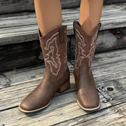 Women's Embroidered Leather Western Cowboy Boots with Chunky Heel