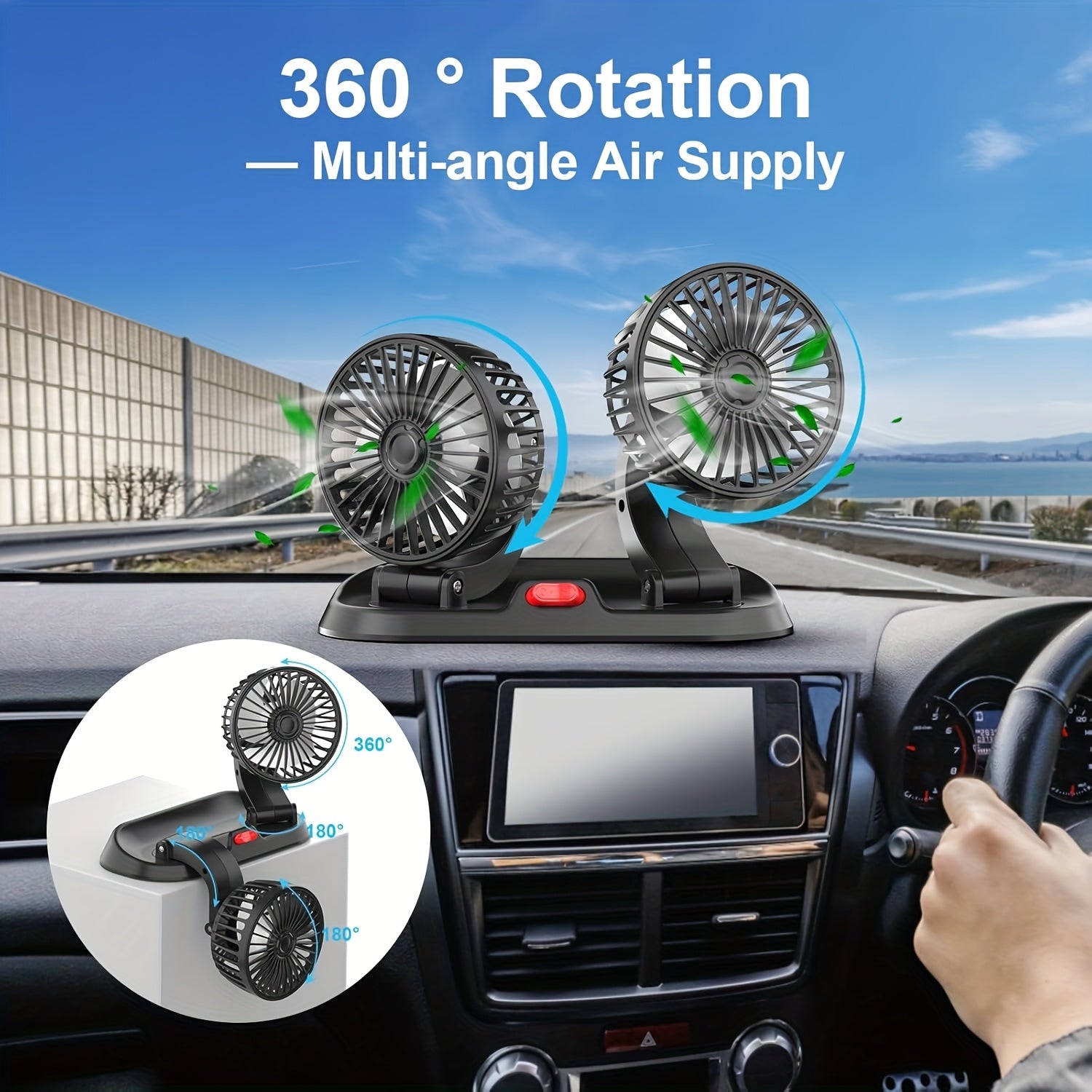 Dual Head USB Car Fan with 360° Adjustable Design, 2 Speeds, Foldable Portable