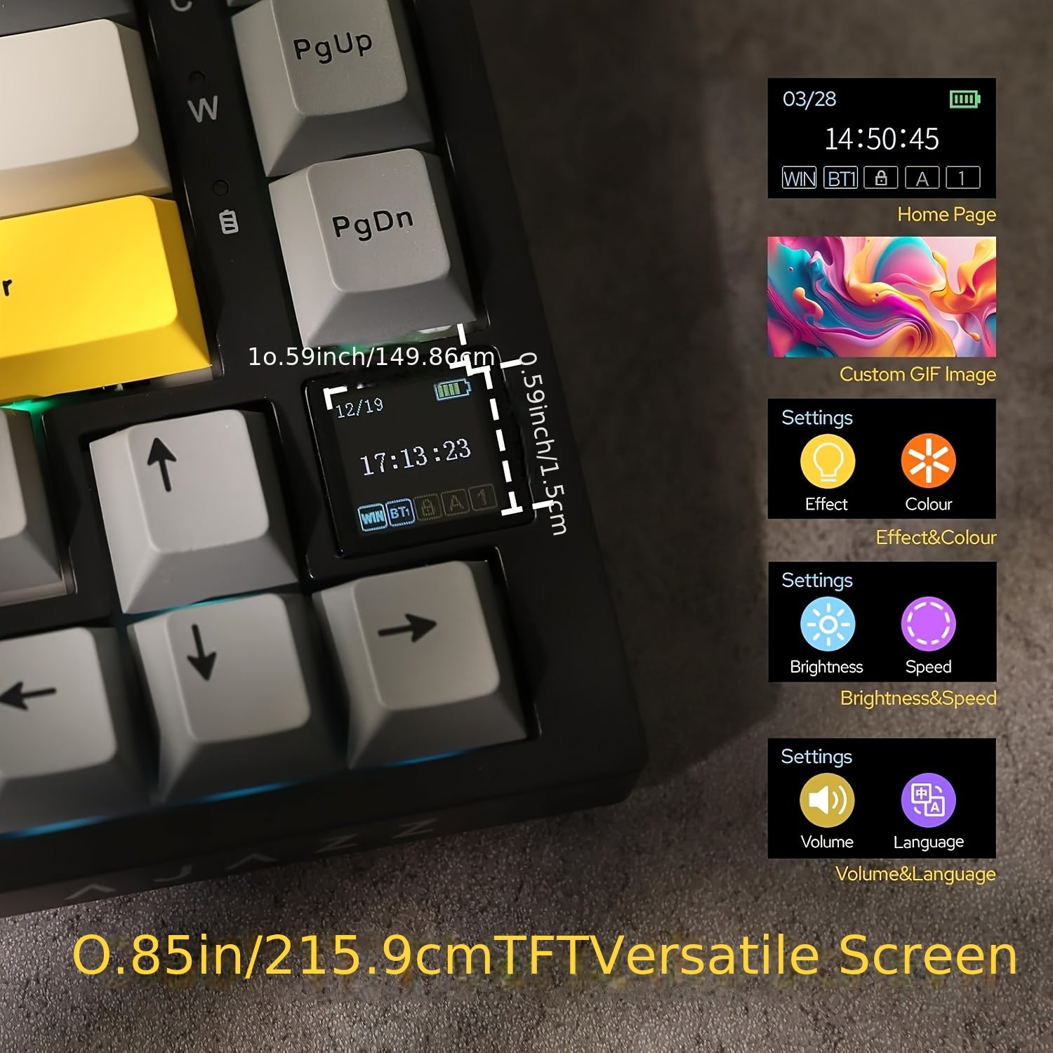 75% Mechanical Keyboard with TFT Display RGB LED Wireless Wired USB-C Knob Control Black Gray Yellow