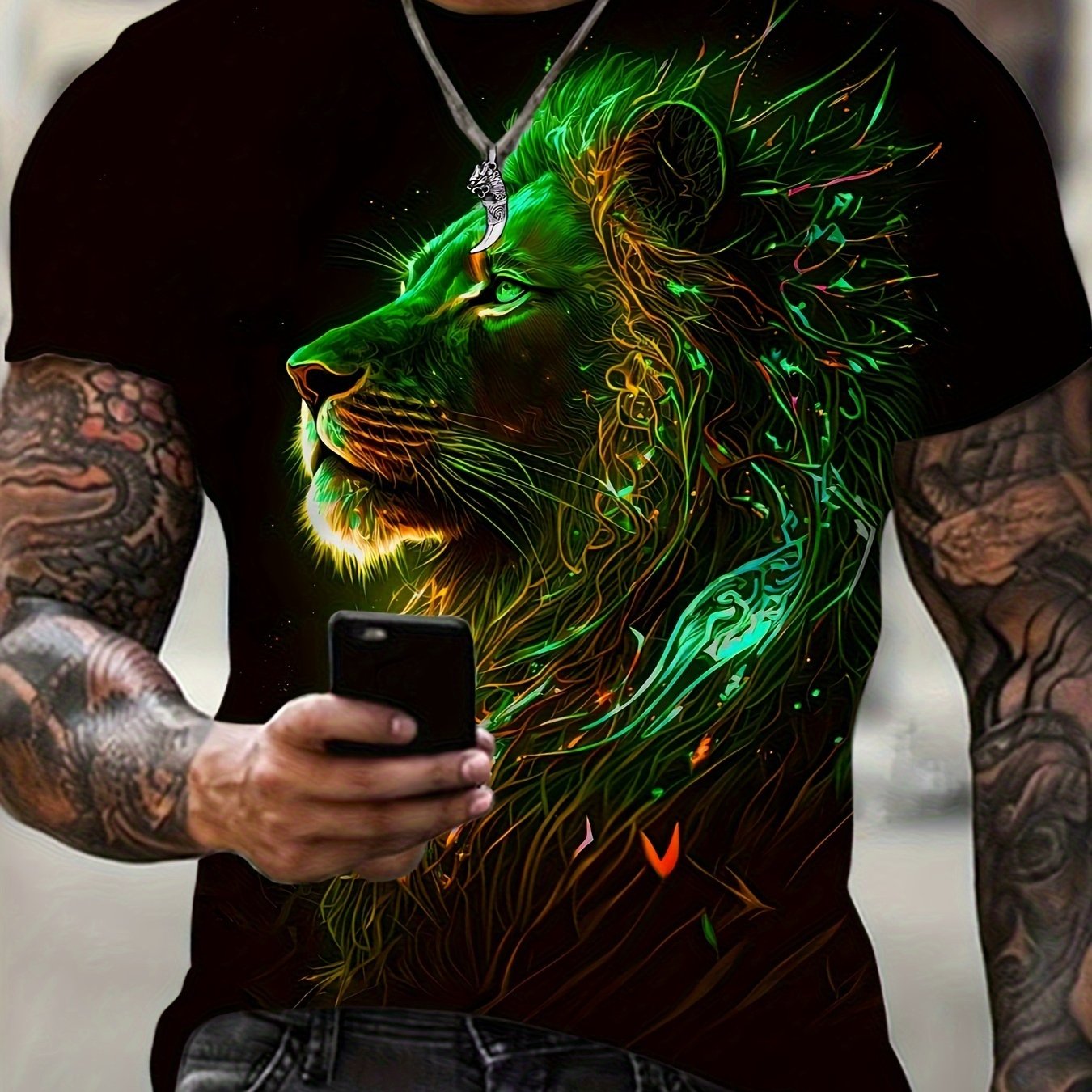 Мужская футболка с коротким рукавом и цифровым принтом льва, смесь полиэстера, повседневное лето, спорт