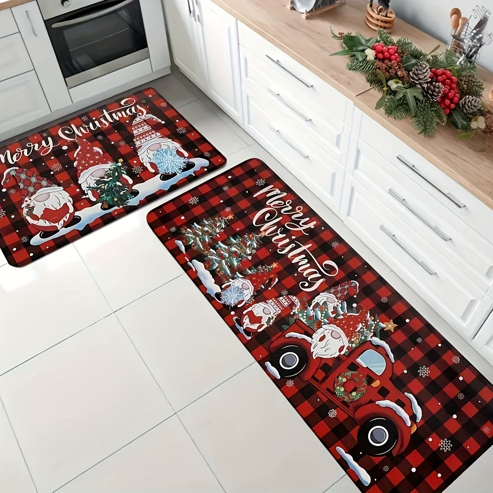 Christmas Gnome Door Mat Non-Slip Welcome Rug Polyester Rectangular Entryway