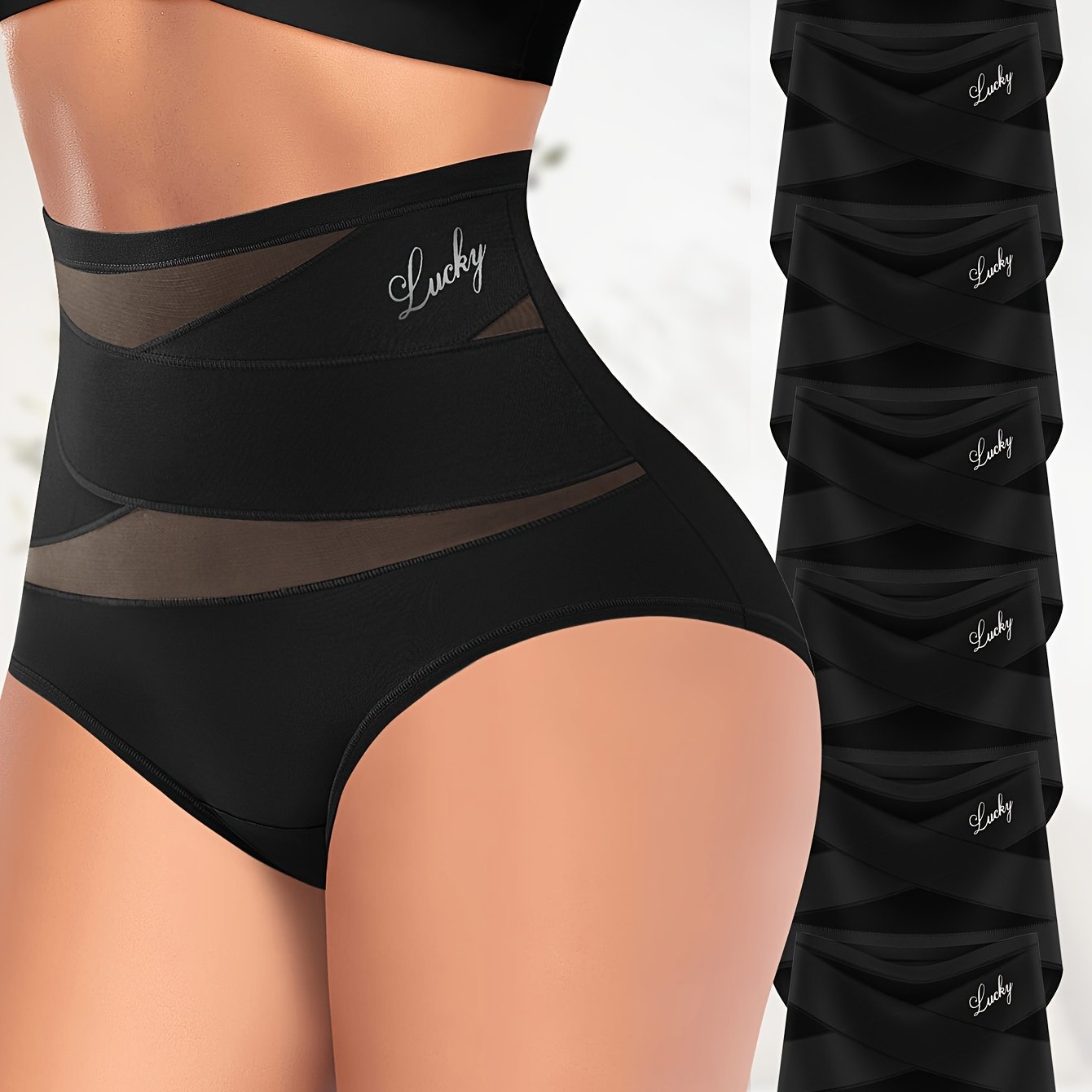 Pack de 7 braguitas de control de abdomen de cintura alta para mujer, sin costuras, en negro con malla