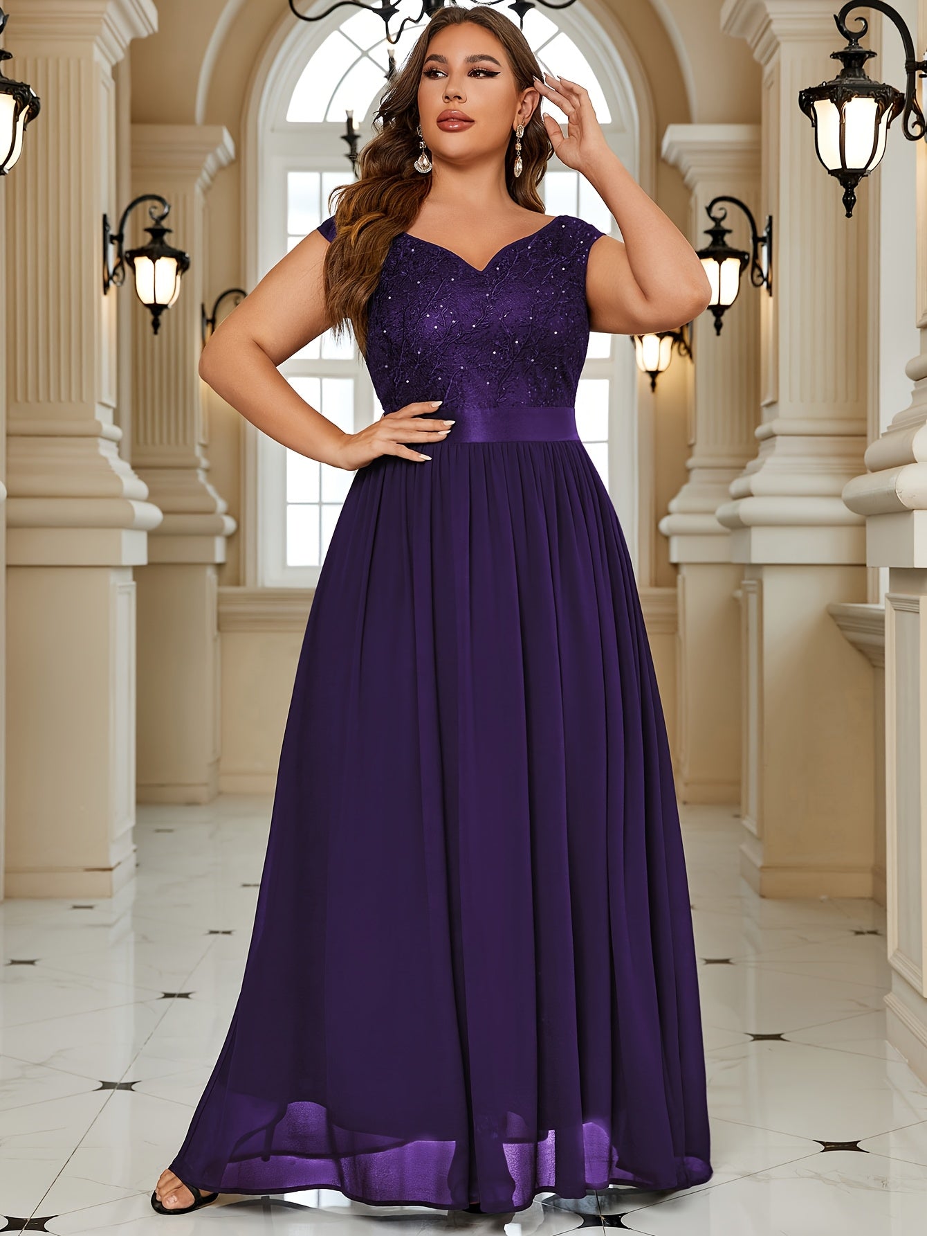 Women's Black Lace Off-Shoulder Gown Floor-Length Fit And Flare Plus Size