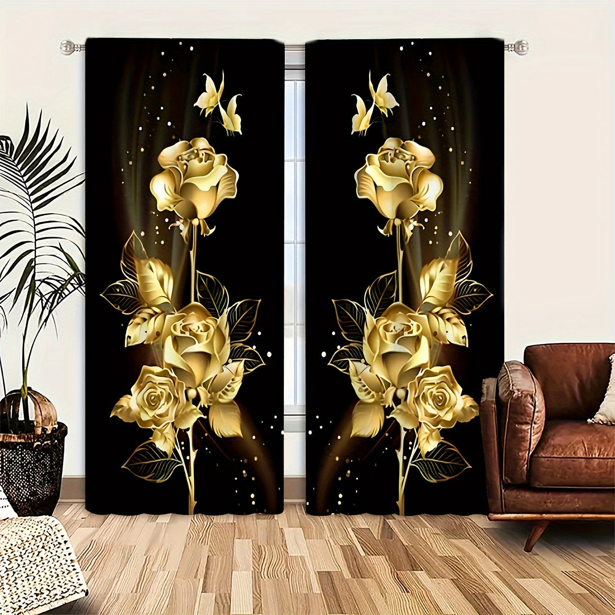 Semi-Transparent Polyester Curtains with Golden Roses and Butterflies for Living Room or Bedroom
