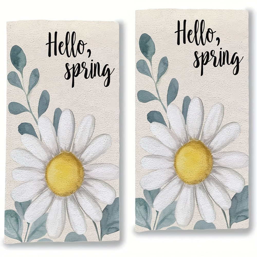 Set of 2 White Daisy Eucalyptus Kitchen Towels 16x24 Inch Absorbent Dish Towels