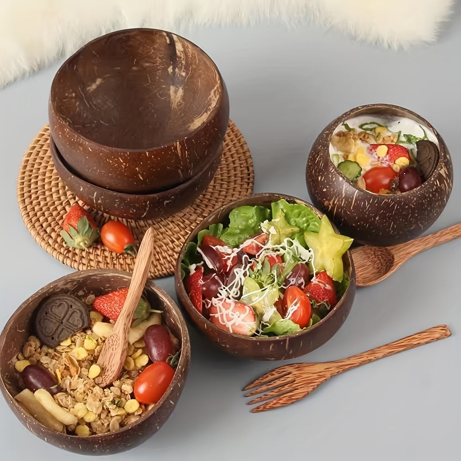 Set of 4 Coconut Bowls and Wooden Spoons for Salads and Ice Cream Natural Coconut