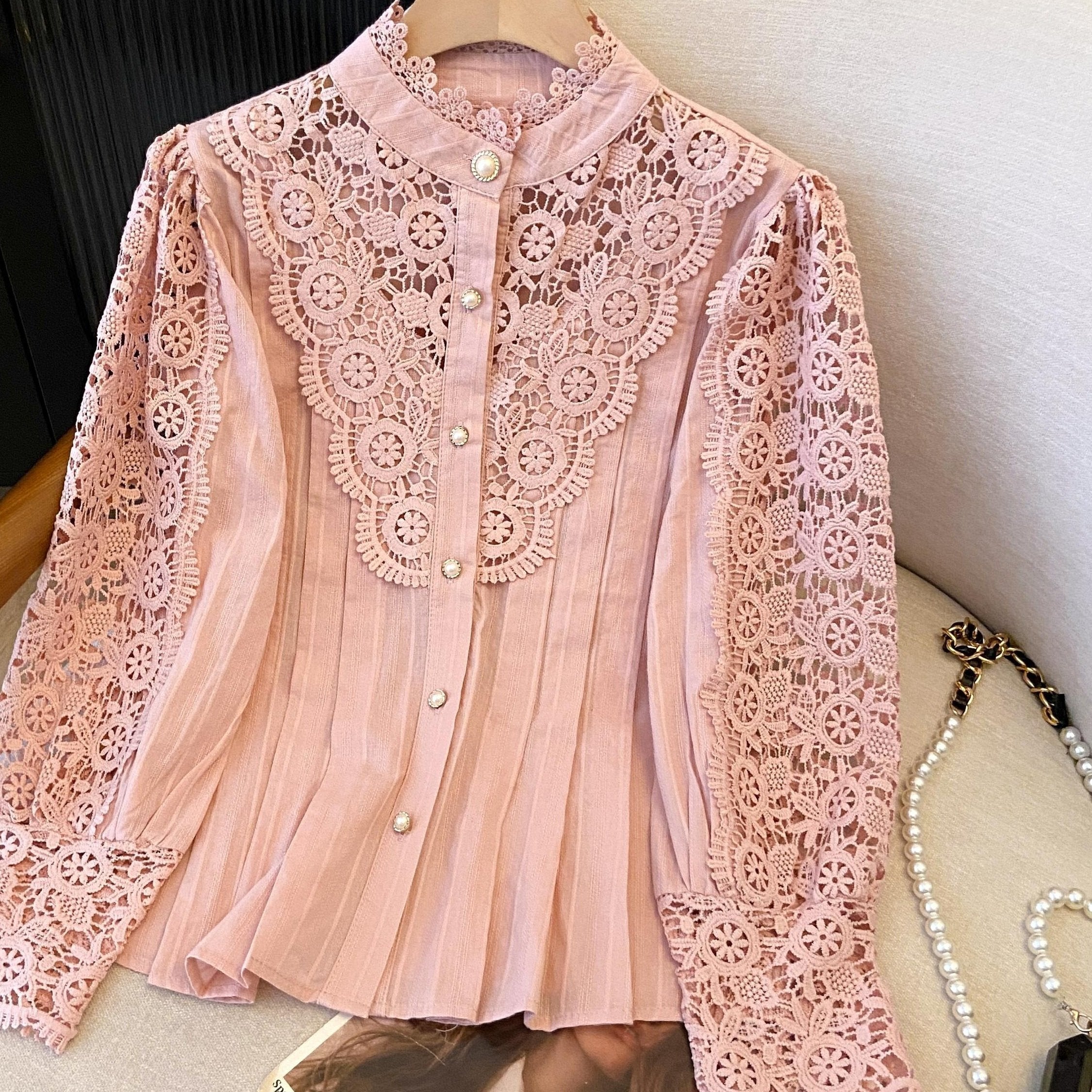 Women's Cotton Long Sleeve Shirt with Hollow Flower Panel and Stand Collar