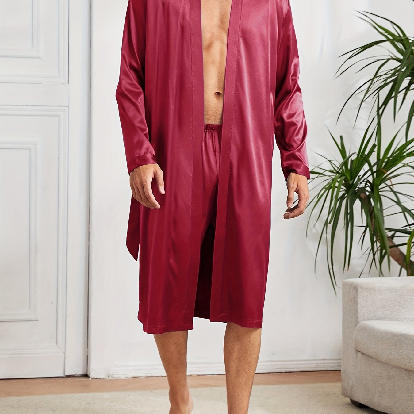 Men's Satin Casual Pajama Sets with Solid Robe and Loose Shorts