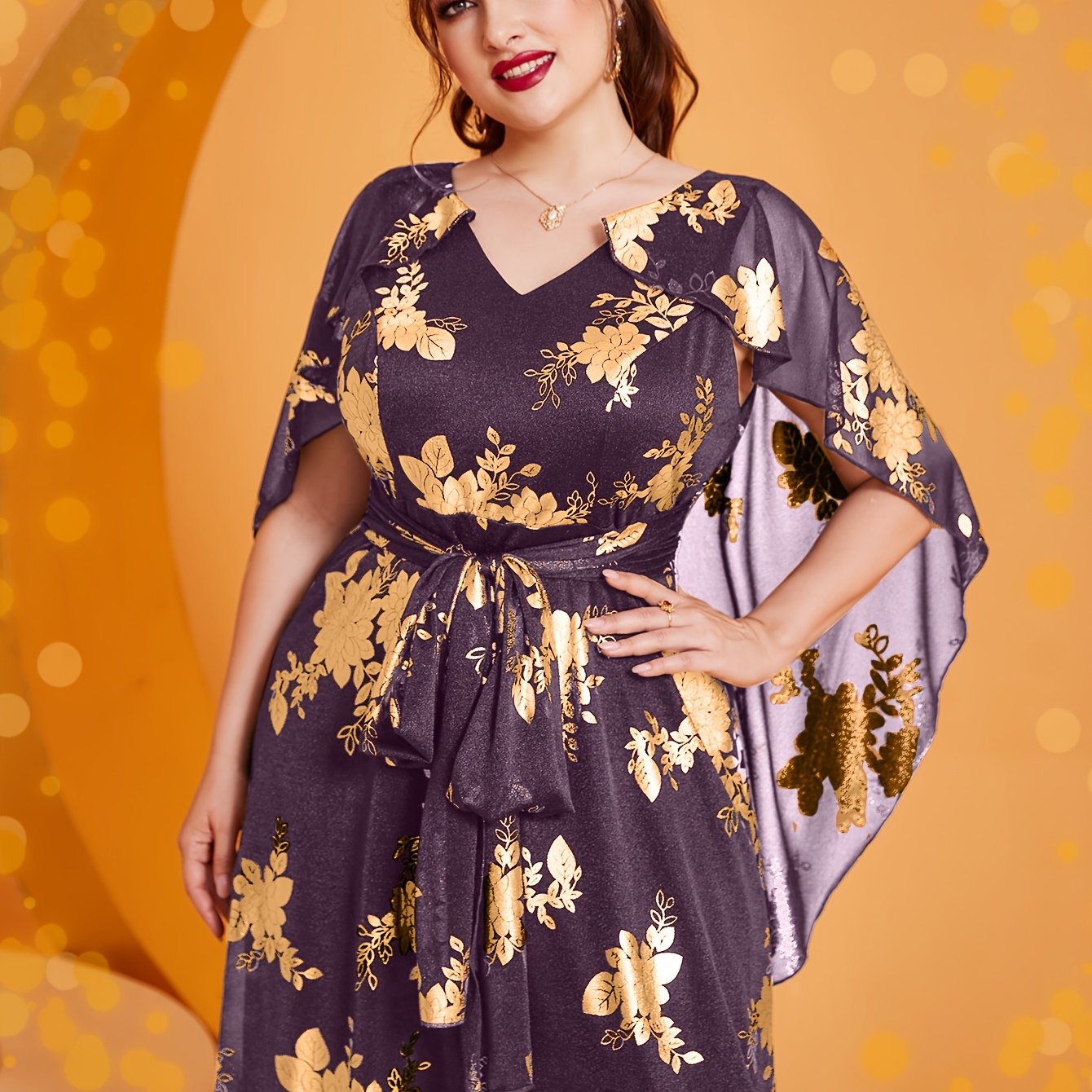 Plus Size Women's Maxi Dress V-Neck Floral Print Sleeveless Burgundy Golden All-Season Formal Evening