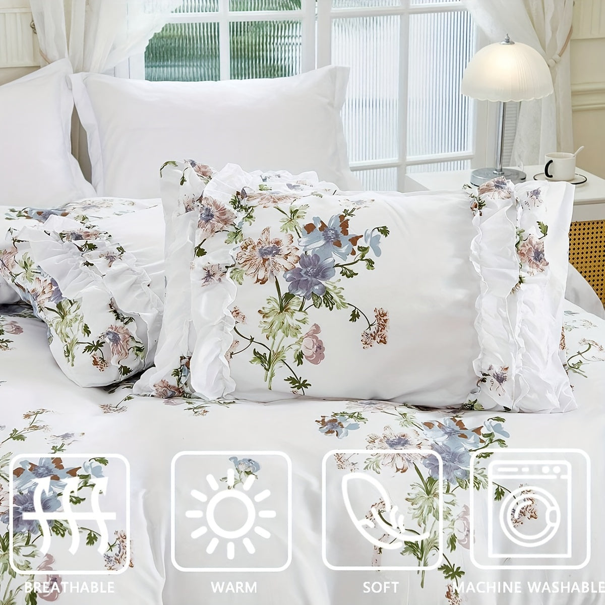 Conjunto de funda de edredón floral de 3 piezas con fundas de almohada, lavado suave, ropa de cama plisada para dormitorio, residencia universitaria, hotel