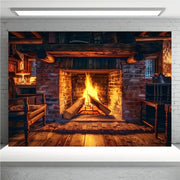 Realistic Fireplace Polyester Backdrop with Burning Wood Design in Multiple Sizes