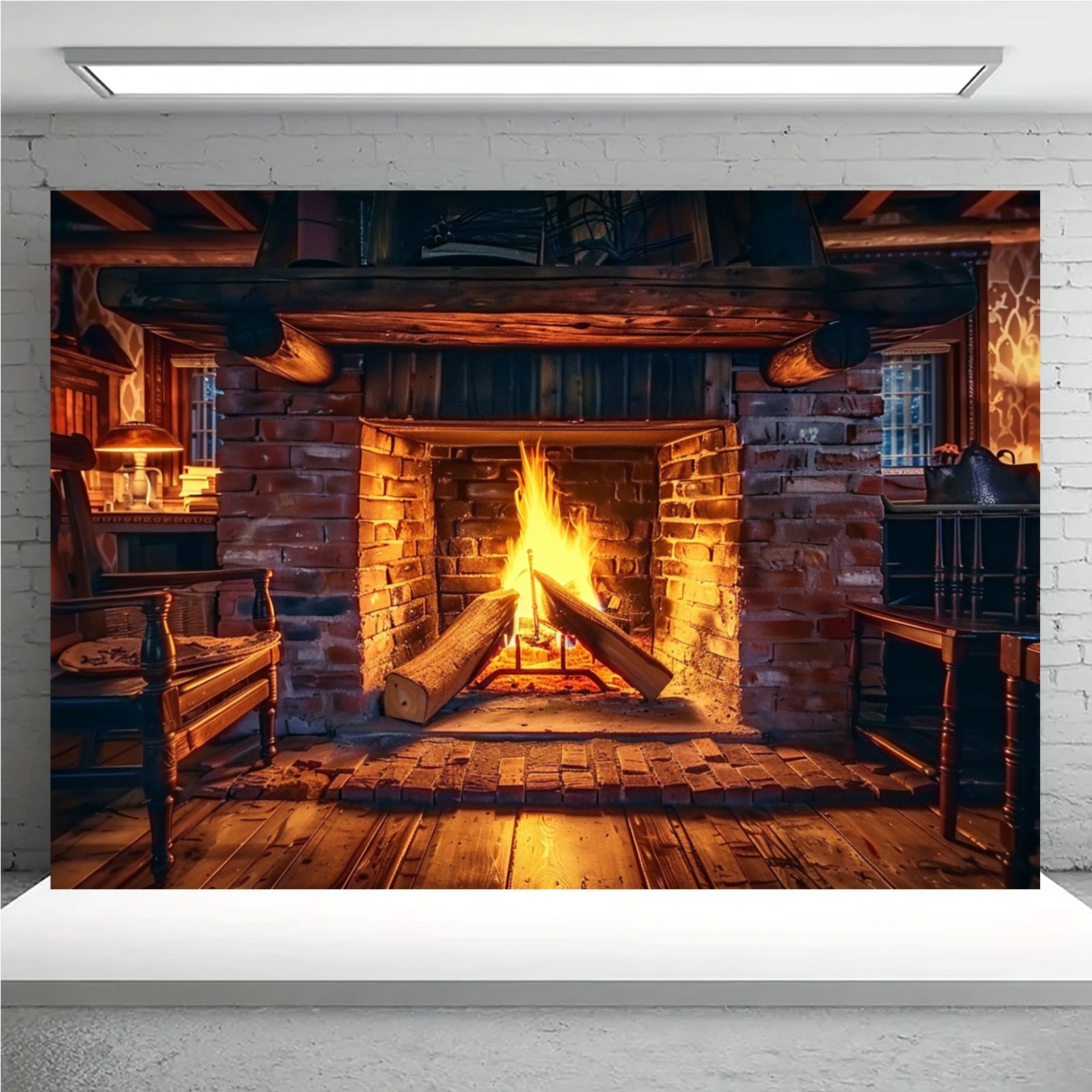 Realistic Fireplace Polyester Backdrop with Burning Wood Design in Multiple Sizes