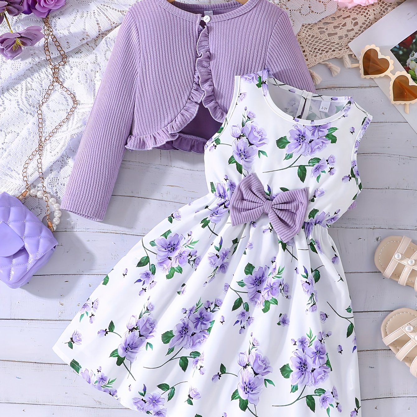 Girls Floral Print Vest Dress with Long Sleeve Jacket for Spring Fall