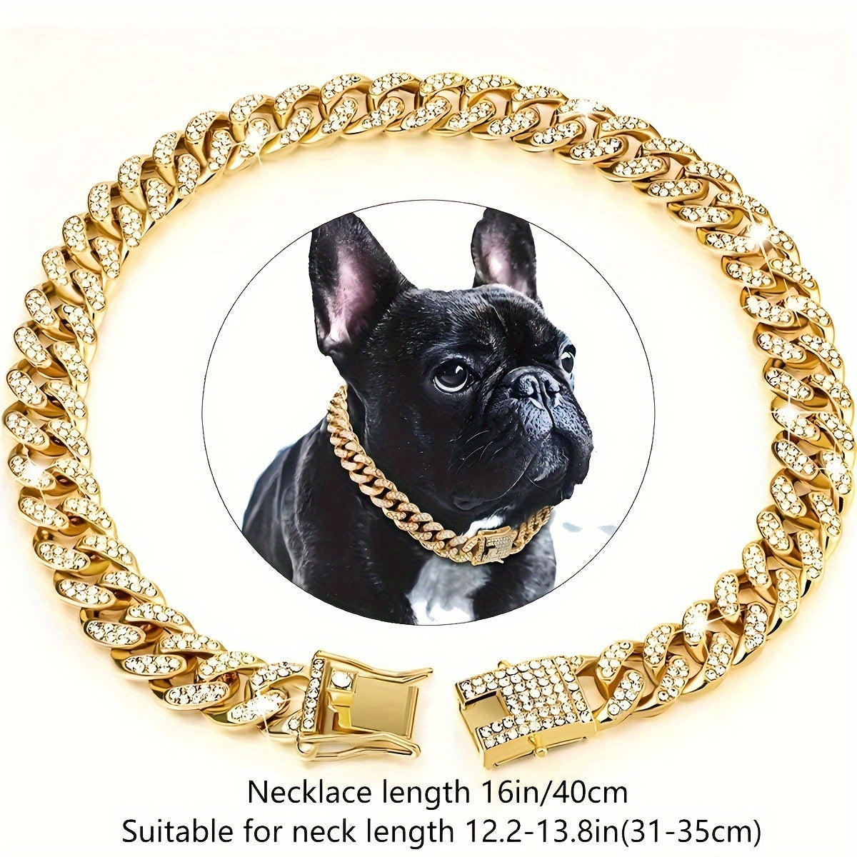 Dog Collar with Rhinestones Cuban Link Stainless Steel 13mm Wide Adjustable