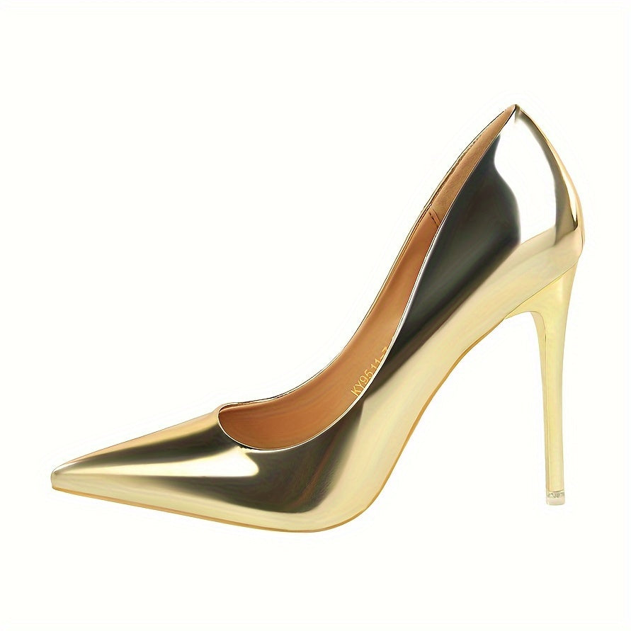 Women's Metallic Stiletto Heels with Pointed Toe and Transparent Strap