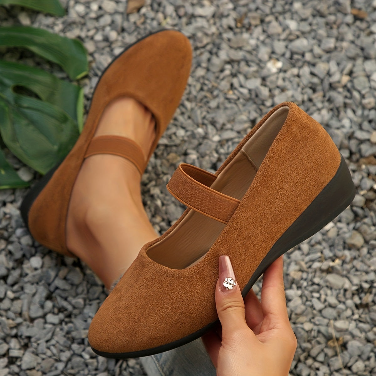 Women's Black Slip-On Wedge Heeled Shoes with Cushioned Insole and Rubber Sole