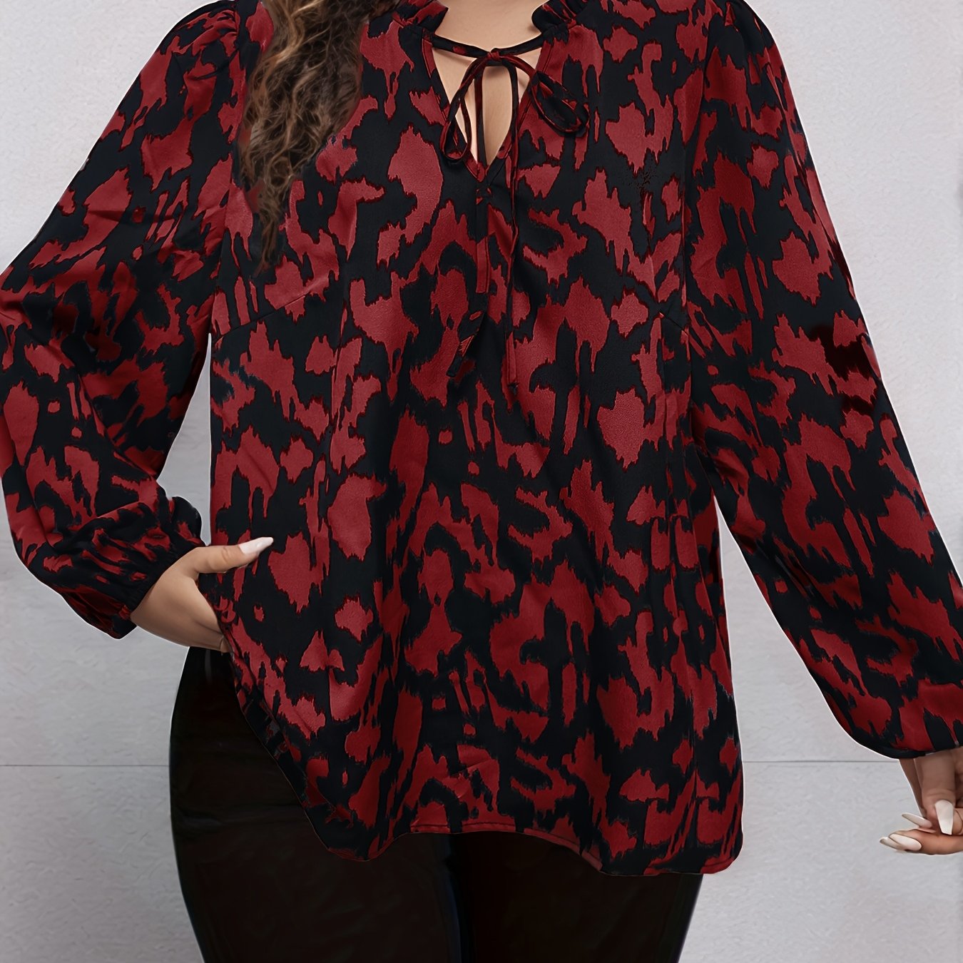 Plus Size Leopard Print Tie Neck Blouse Long Sleeve Spring Fall Women