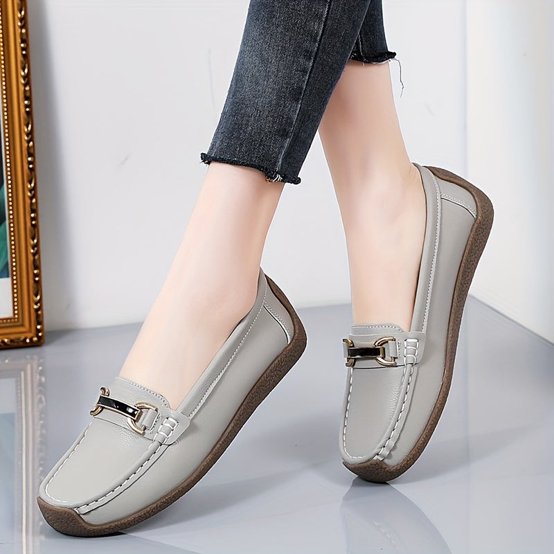 Women's Slip-On Loafers with Metal Decor Faux Leather Casual Flat Shoes