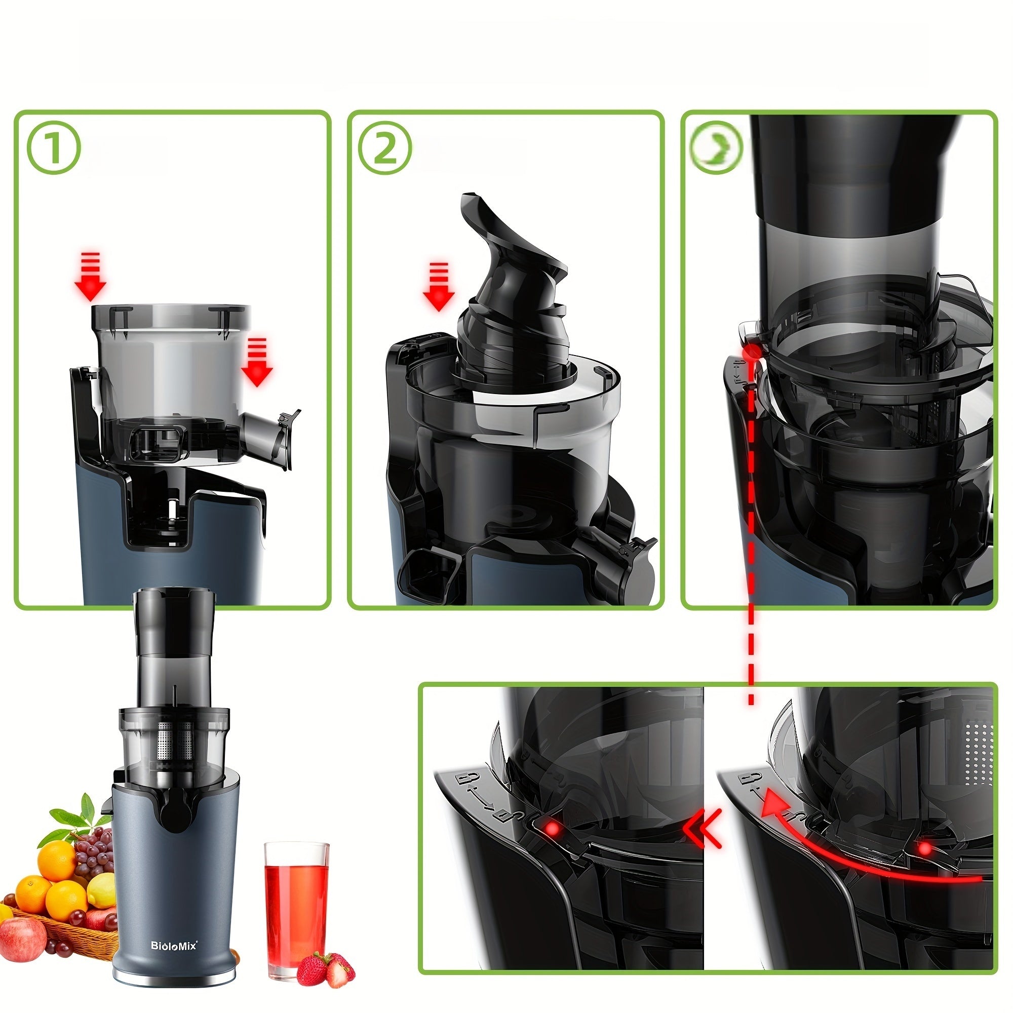 High Power Cold Press Juicer with Large Feed Chute and Juice Cups