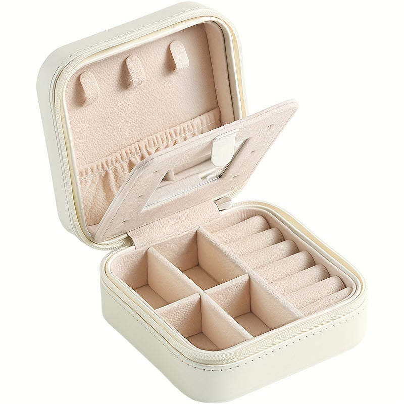 Organizador pequeño de joyas con espejo y cierre de cremallera para viaje, con tres capas y múltiples compartimentos