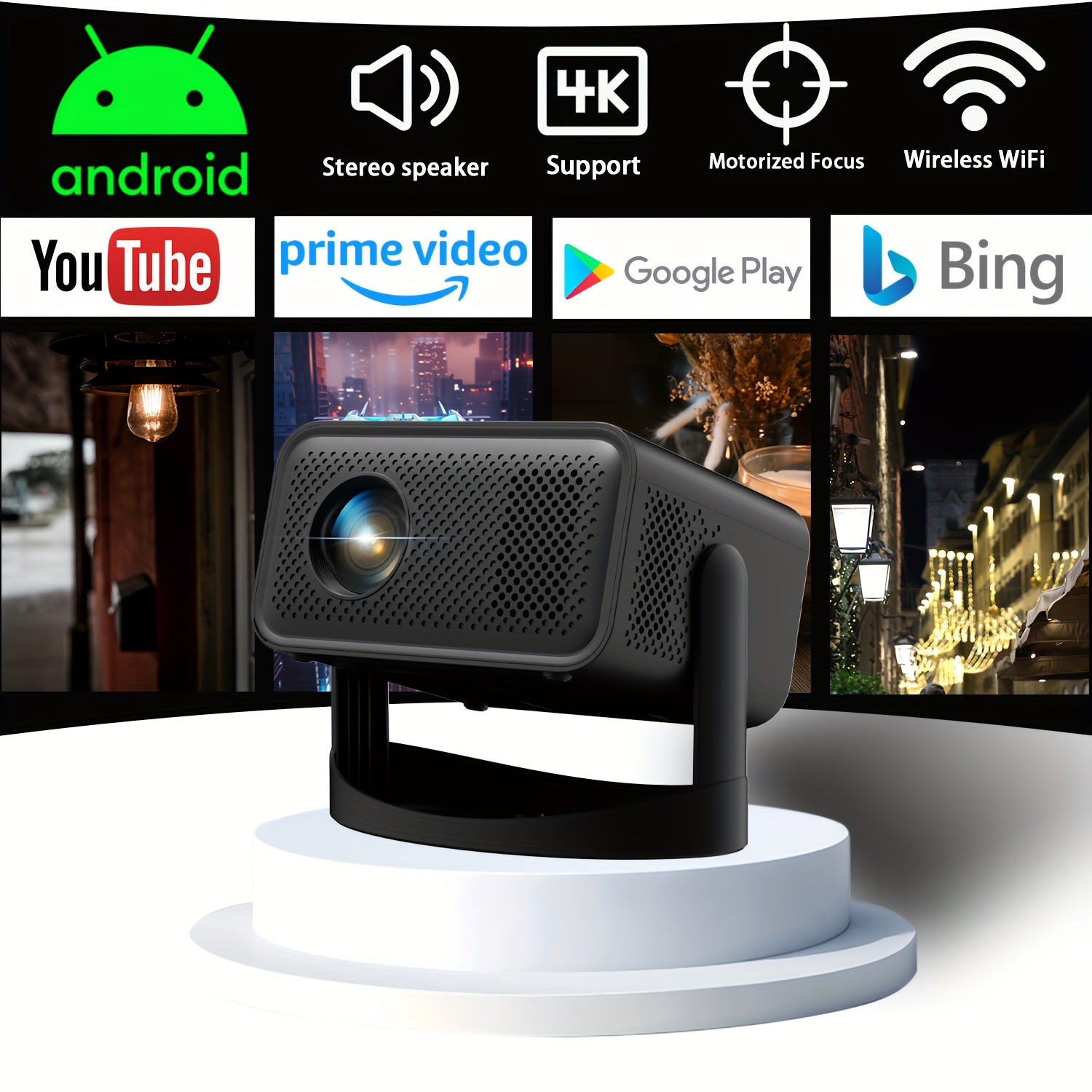 Mini 4K Projector with Auto Focus Keystone Correction HD Home Cinema