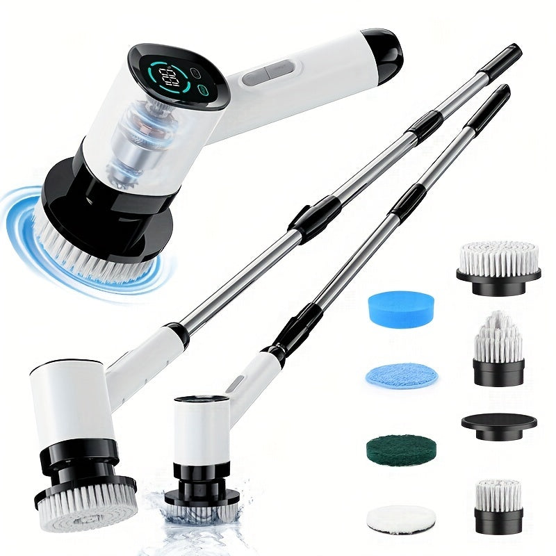 SUNUO Electric Spin Scrubber turli xil tozalash uchun 9 ta cho'tka boshiga ega. Ushbu simsiz pol va plitka tozalagich to'liq tozalash uchun 360° aylanish imkoniyatiga ega va uzaytiriladigan tutqich yuqori yoki past joylarga erishishni osonlashtiradi. USB