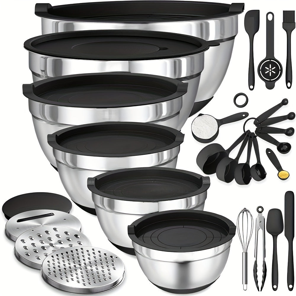 Set of 26 Stainless Steel Mixing Bowls with Lids and Grater Non-Slip Bottoms