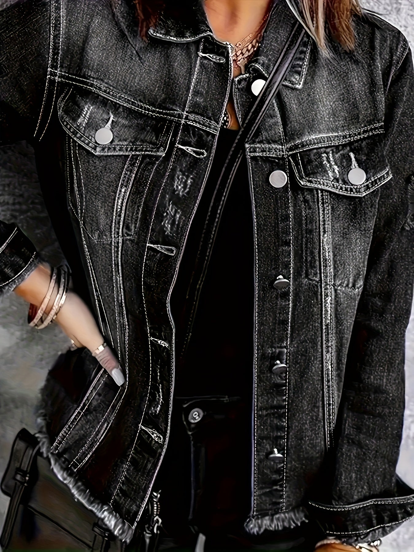 Plus Size Women's Denim Jacket Black Washed Casual Outerwear