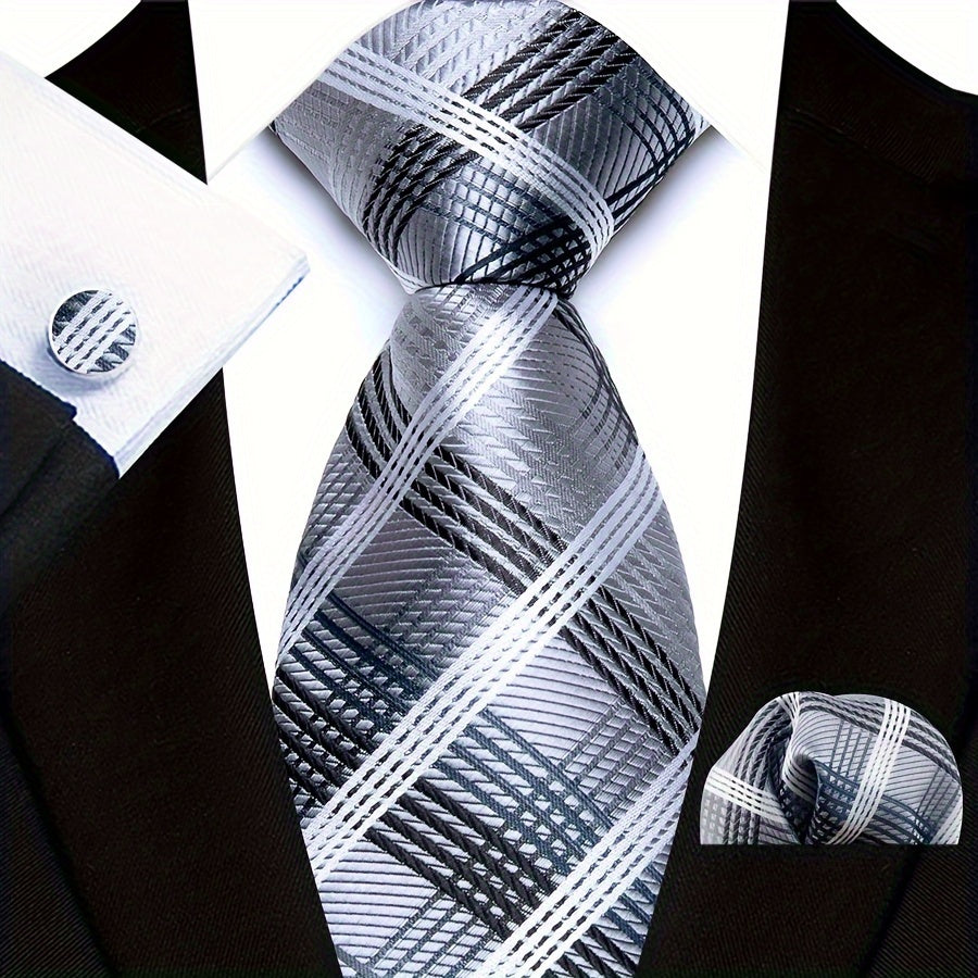 Men's Plaid Pattern Tie Pocket Scarf Cuff Set for Suits Gift
