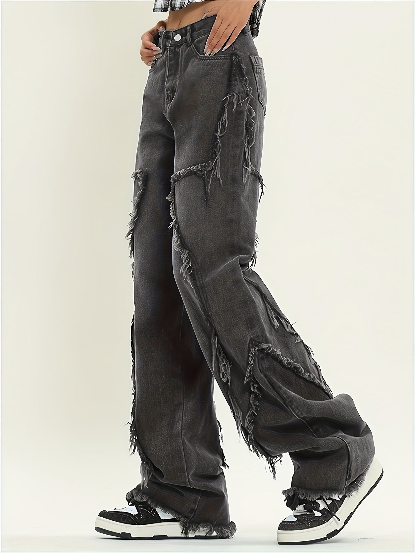 Men's Black Frayed Hem Wide-Leg Jeans 80% Cotton Relaxed Fit Casual Pants