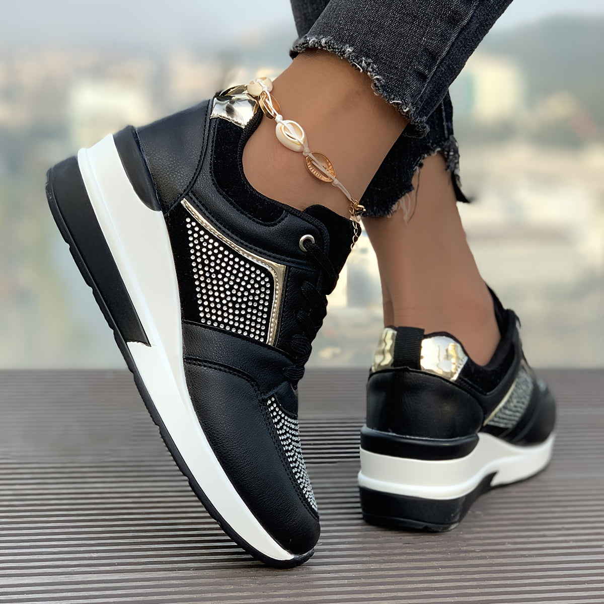 Women's Rhinestone Decor Athletic Shoes, Lace-Up Low Top Running Sneakers, Plus Size