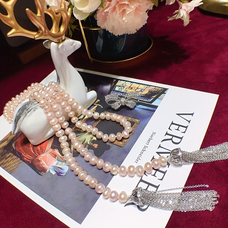 Freshwater Pearl Necklace with Cubic Zirconia Bow for Special Occasions