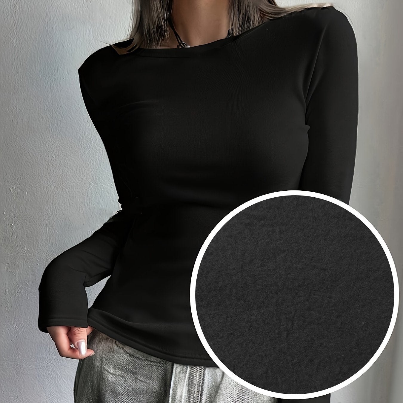 Women's Long Sleeve Crew Neck Top Solid Color Fall Winter Polyester Elastane Stretch Fabric