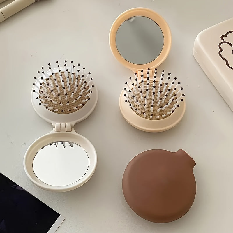 Travel Hairbrush with Mirror Foldable Scalp Massaging Air Cushion Dry Hair