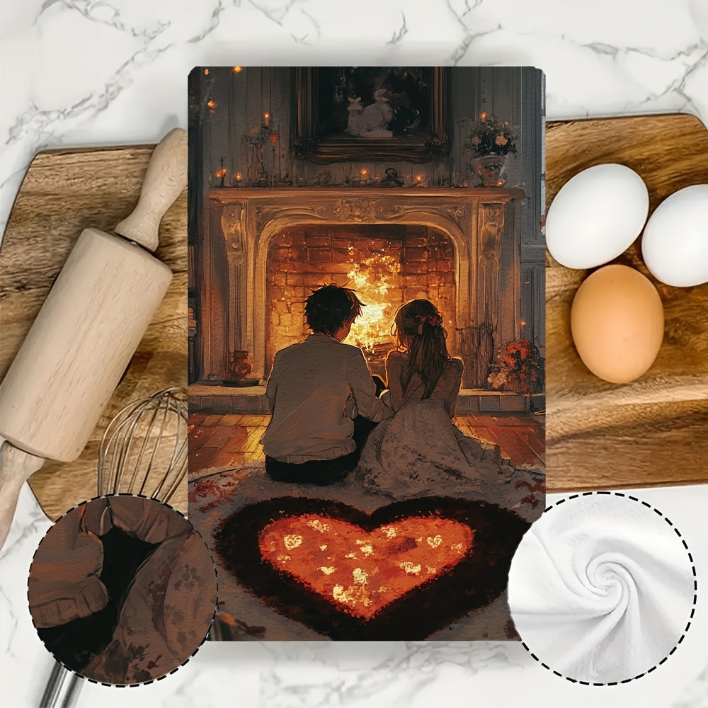 Set of 2 Ultra-Soft Absorbent Kitchen Towels Anime Couple Heart Rug 40x60 cm