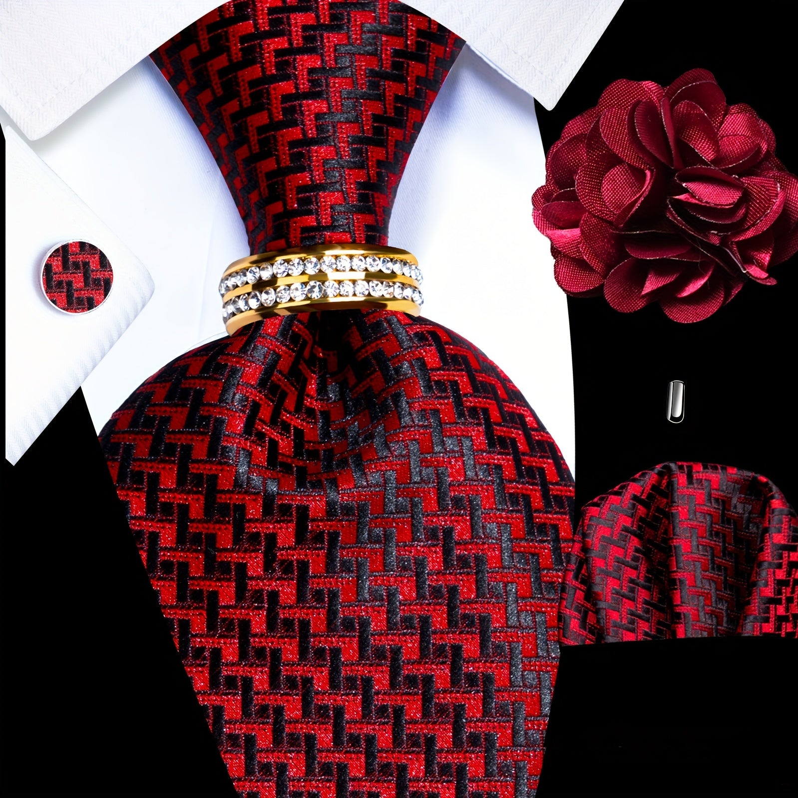 Men's Formal Tie Set with Pocket Square Cufflinks Tie Clip Lapel Pin and Ring for Weddings and Occasions