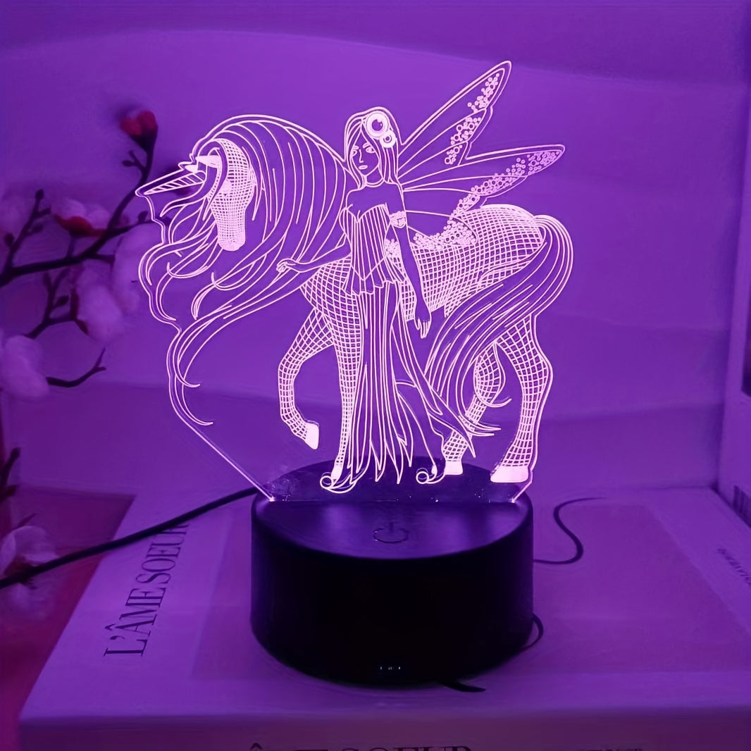 LED Night Light for Girls with 3D Pegasus and Fairy Design, 16 Color Options, USB Powered, Touch and Remote Control