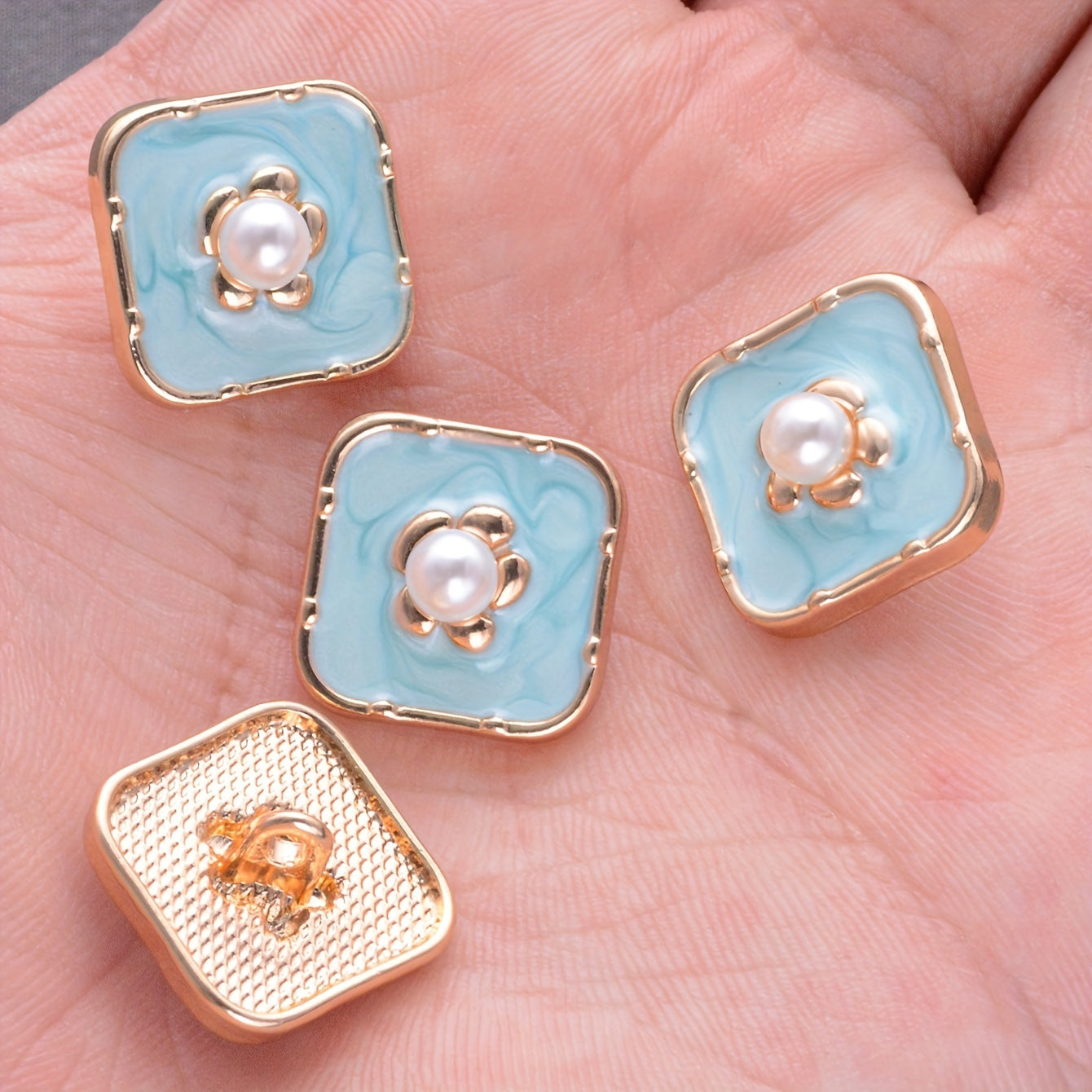 Set of 10 Square Alloy Buttons with Pearls and Flowers for Sewing Crafts and Clothing Accessories